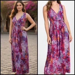 Vivienne Tam Silk Blend Watercolor Floral Pleated Tie Waist Maxi Dress Size 4